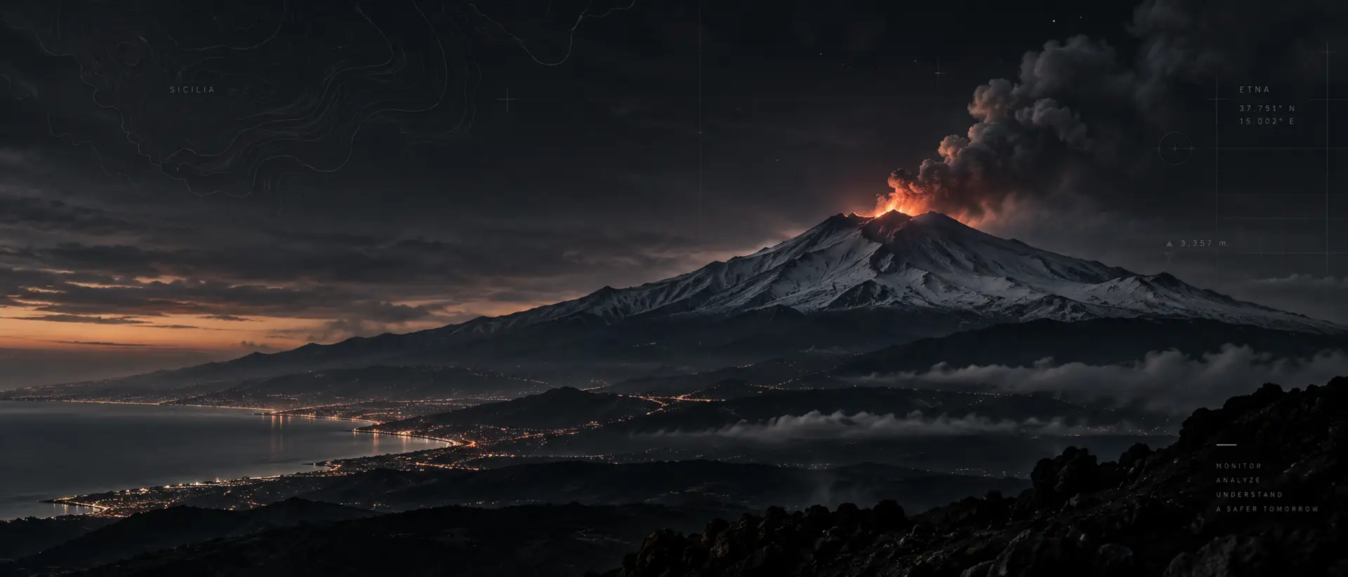 Mount Etna erupting at dusk above the lights of the Ionian coast, Sicily